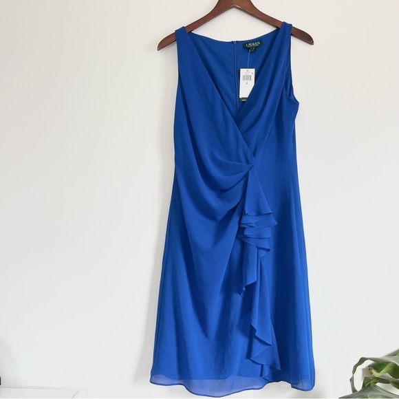 NWT Lauren Ralph Lauren Sapphire or Royal Blue Ruched Faux Wrap Dress Sz 6 - Picture 1 of 11